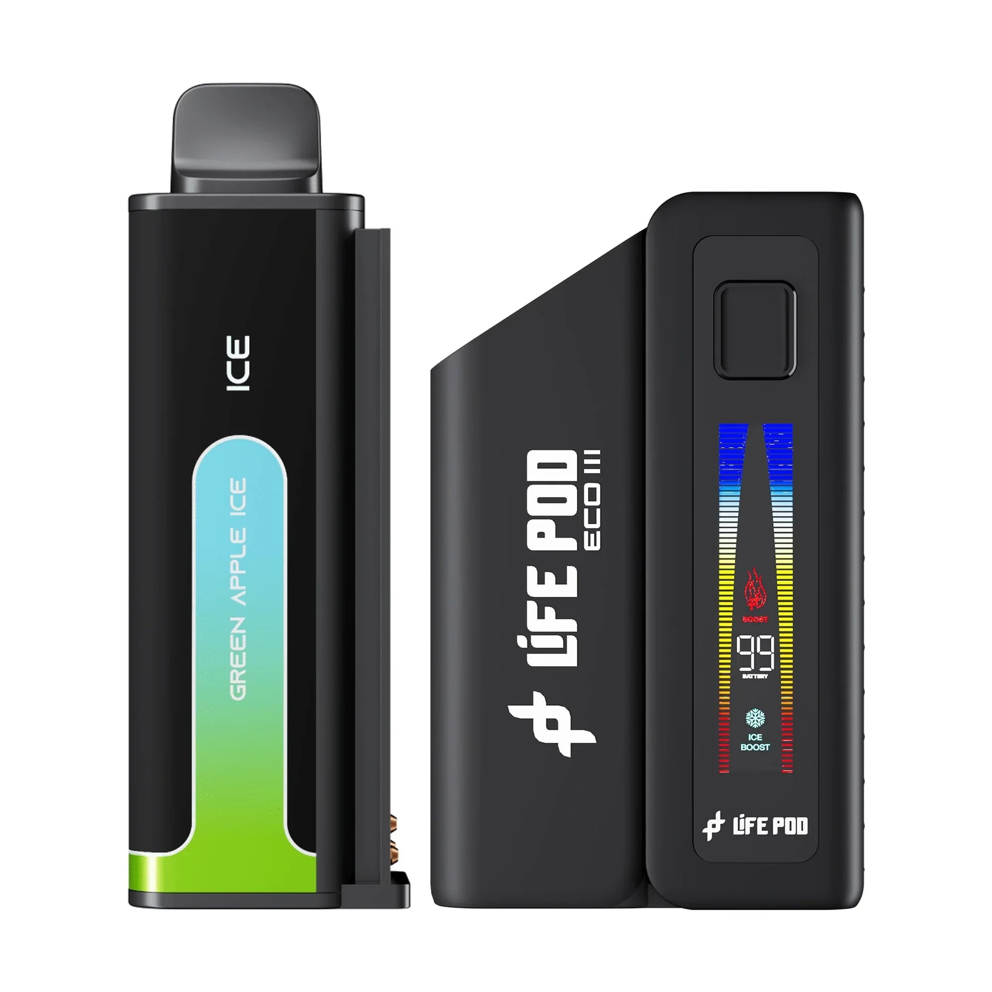Combo: Life Pod ECO III (ECO 3) 20K Batería + Recarga | Green Apple Ice (Manzana Verde Fresca) + Batería Negro — combo vape recargable de 20.000 caladas, cigarro electrónico en Perú