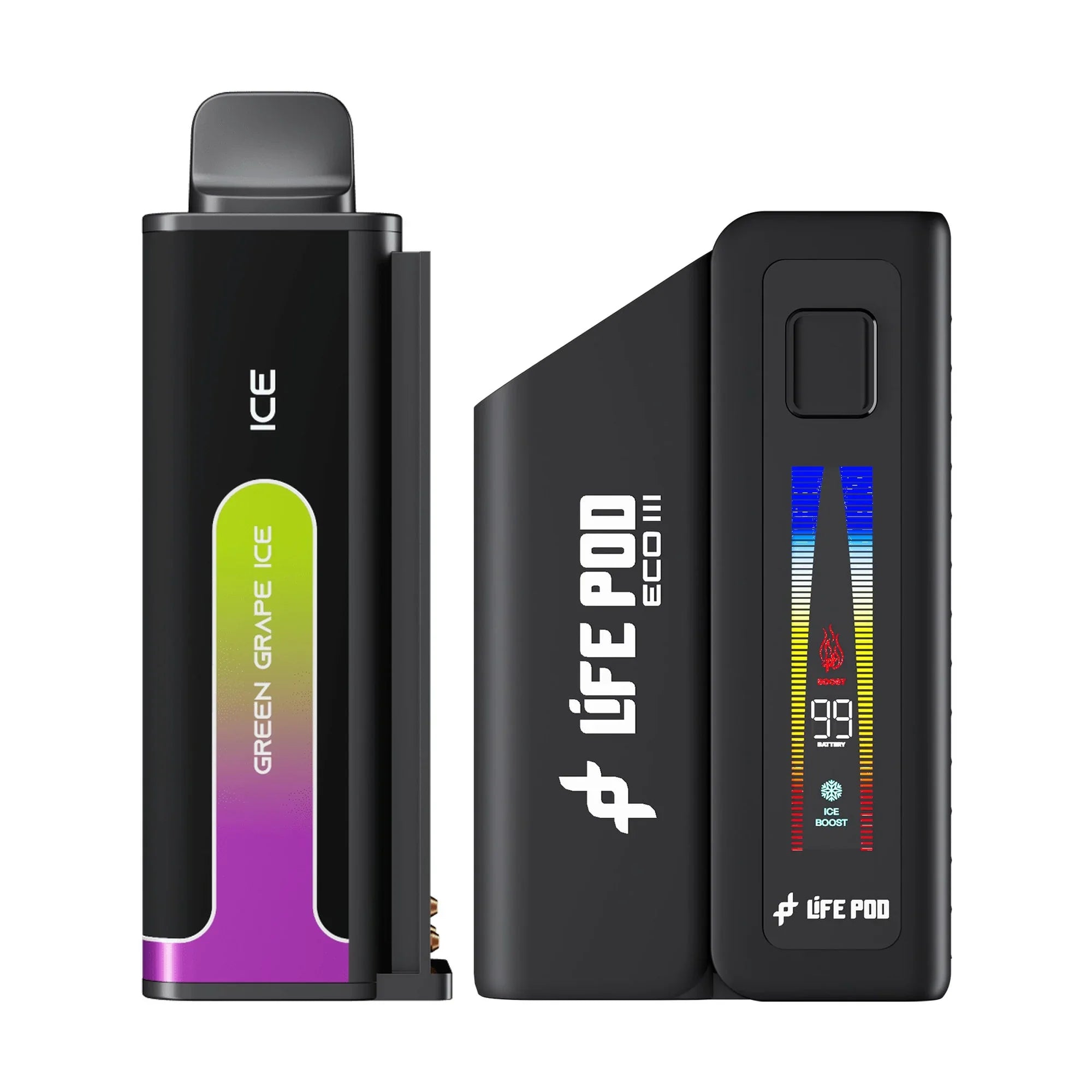 Combo: Life Pod ECO III (ECO 3) 20K Batería + Recarga | Green Grape Ice (Uva Verde Fresca) + Batería Negro — combo vape recargable de 20.000 caladas, cigarro electrónico en Perú