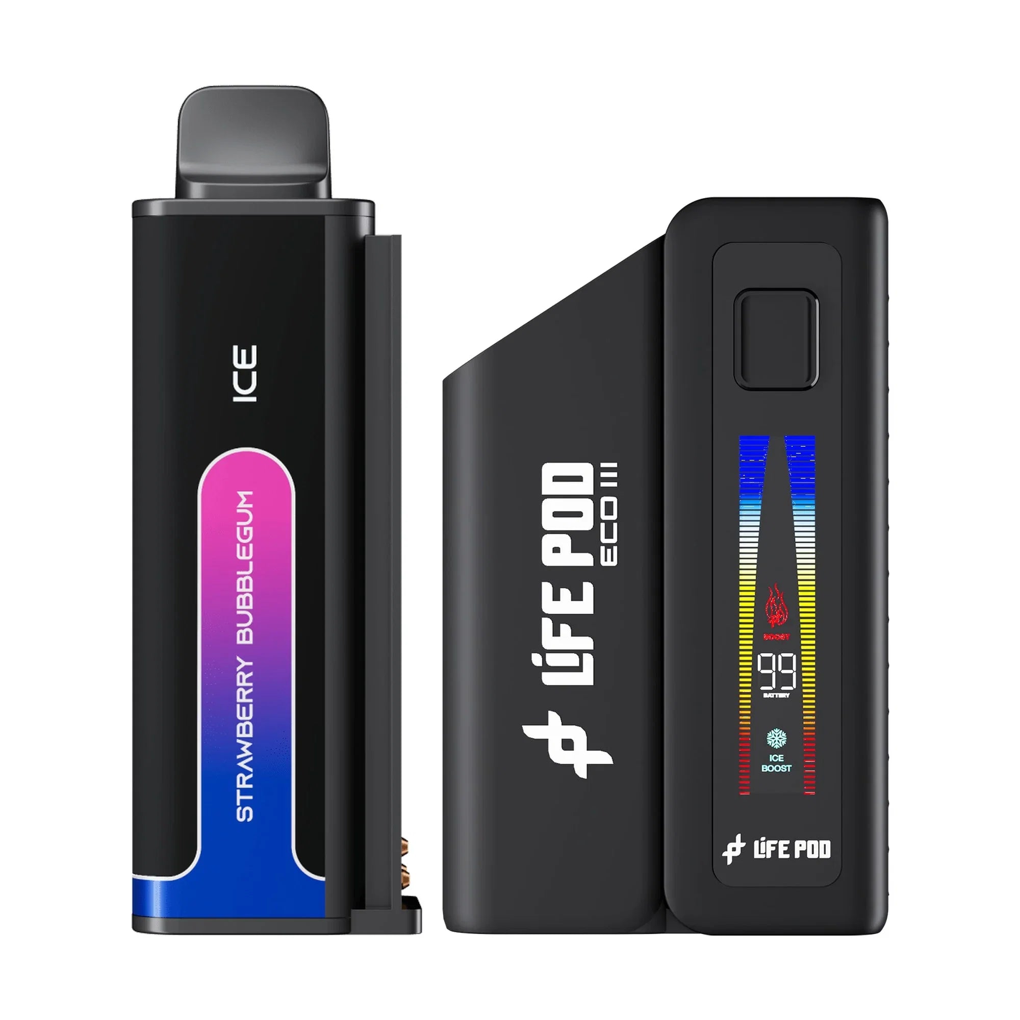 Combo: Life Pod ECO III (ECO 3) 20K Batería + Recarga | Strawberry (Fresa) + Batería Negro — combo vape recargable de 20.000 caladas, cigarro electrónico en Perú