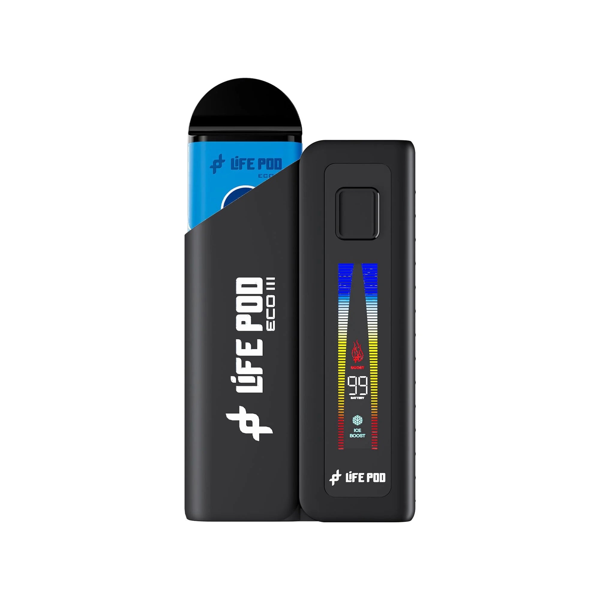 Combo: Life Pod ECO III (ECO 3) Batería + Recarga ECO II (ECO 2) 10K | Blue Razz (Frambuesa Azul) + Batería Negro — combo vape recargable de 10.000 caladas, cigarro electrónico en Perú