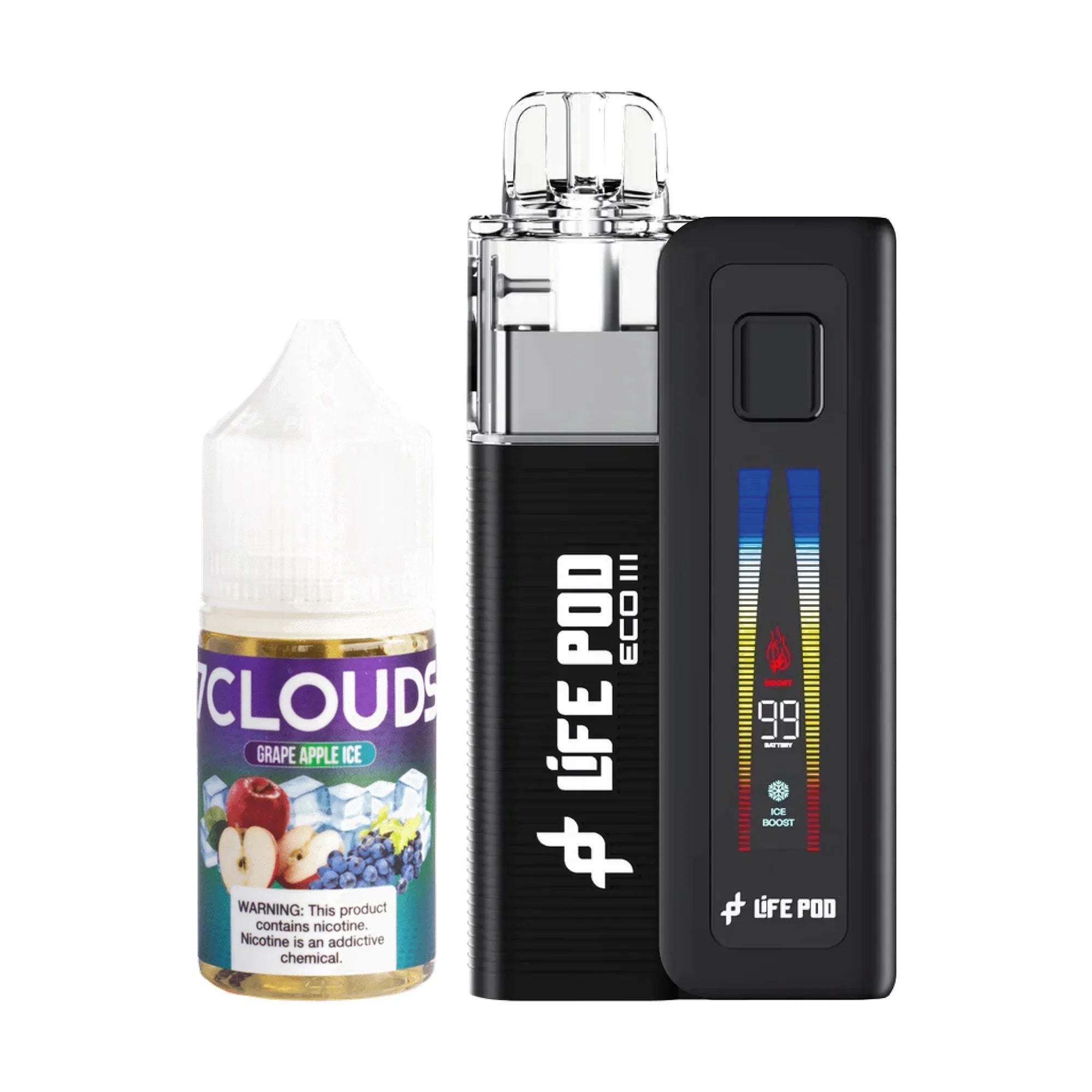Combo: Life Pod ECO III (ECO 3) Batería + Tanque 0.8 Ω + E-liquid 3 mg | Grape Apple Ice (Uva con Manzana Fresca) — combo vape recargable, cigarro electrónico en Perú